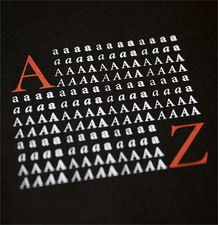 Typography study print showing letterforms from A to Z in red and white on black