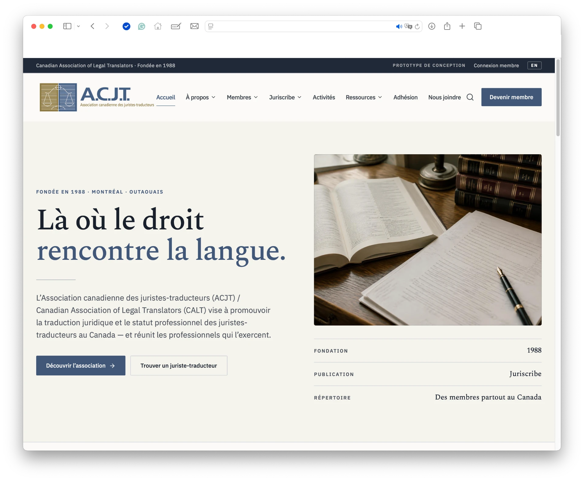 ACJT legal translators association website shown in a browser window