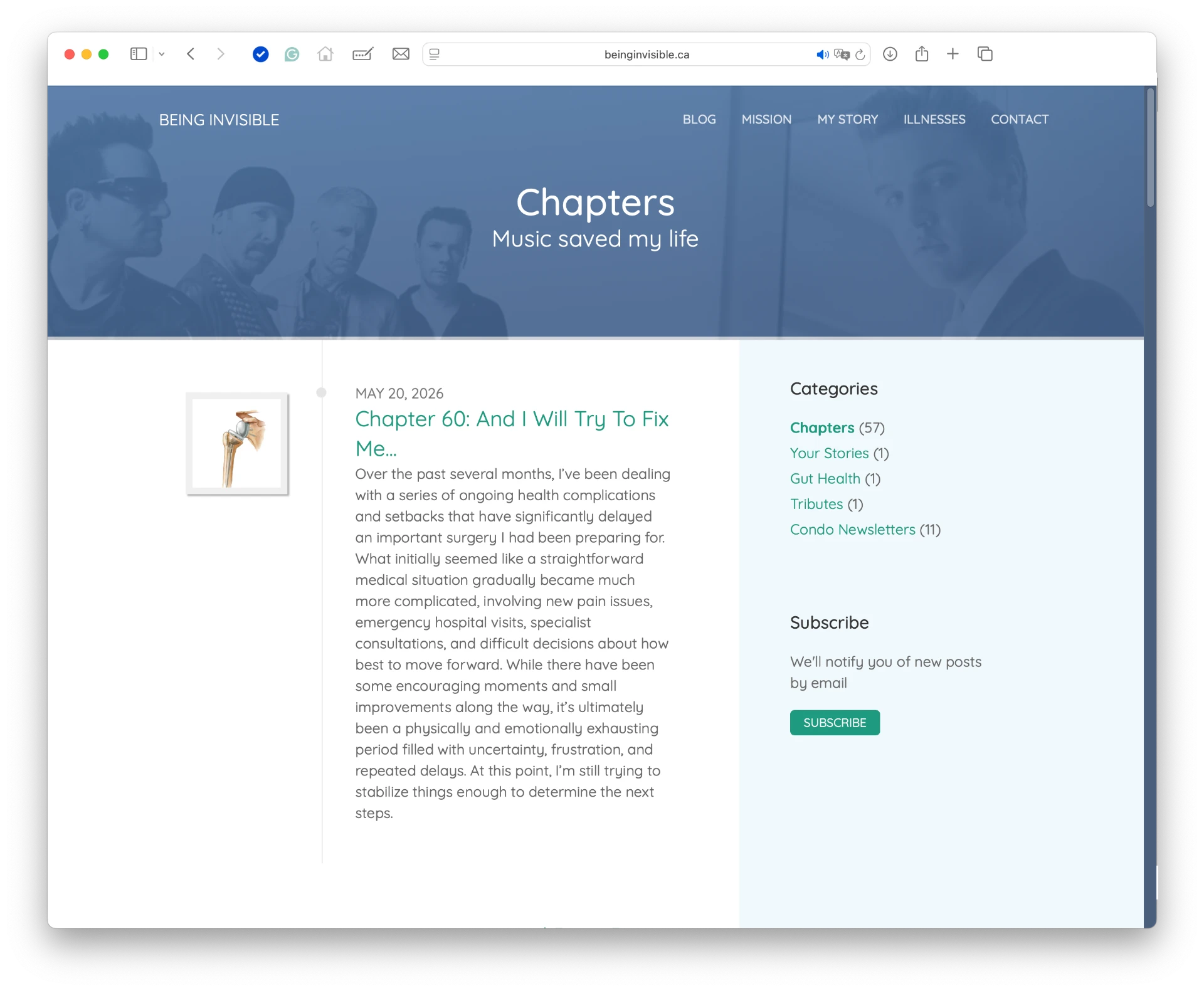 Being Invisible website Chapters page, headed “Music saved my life”