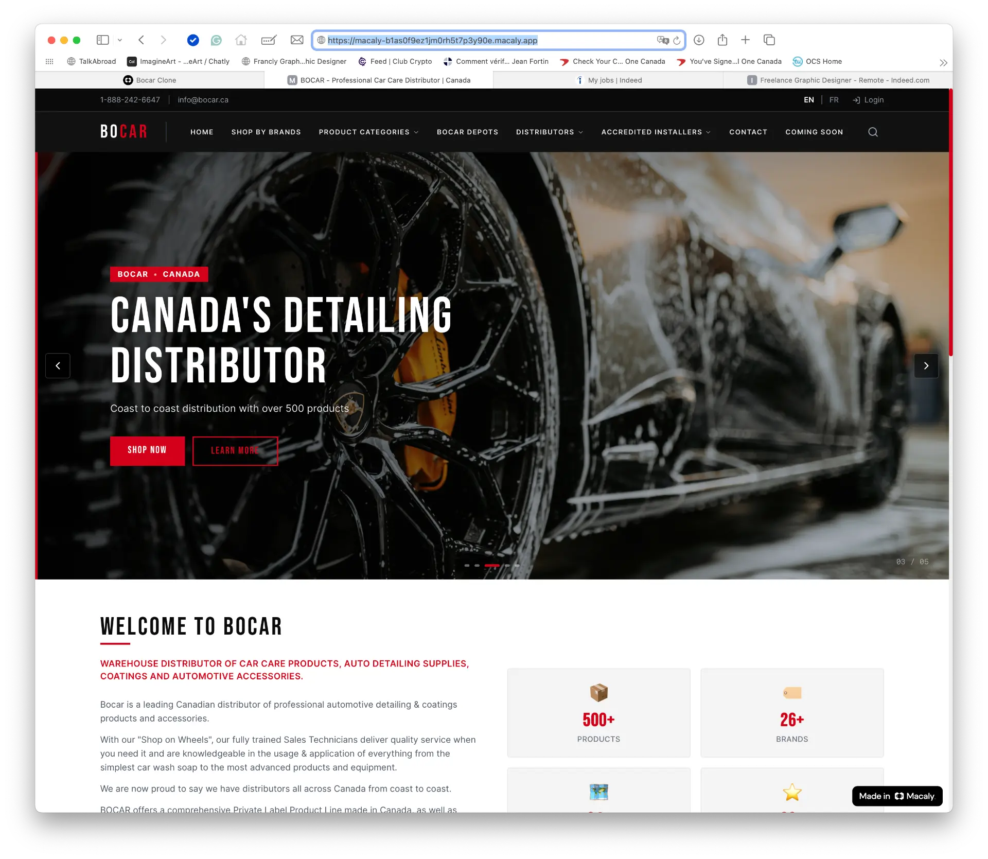 BOCAR car care distributor website shown in a browser window