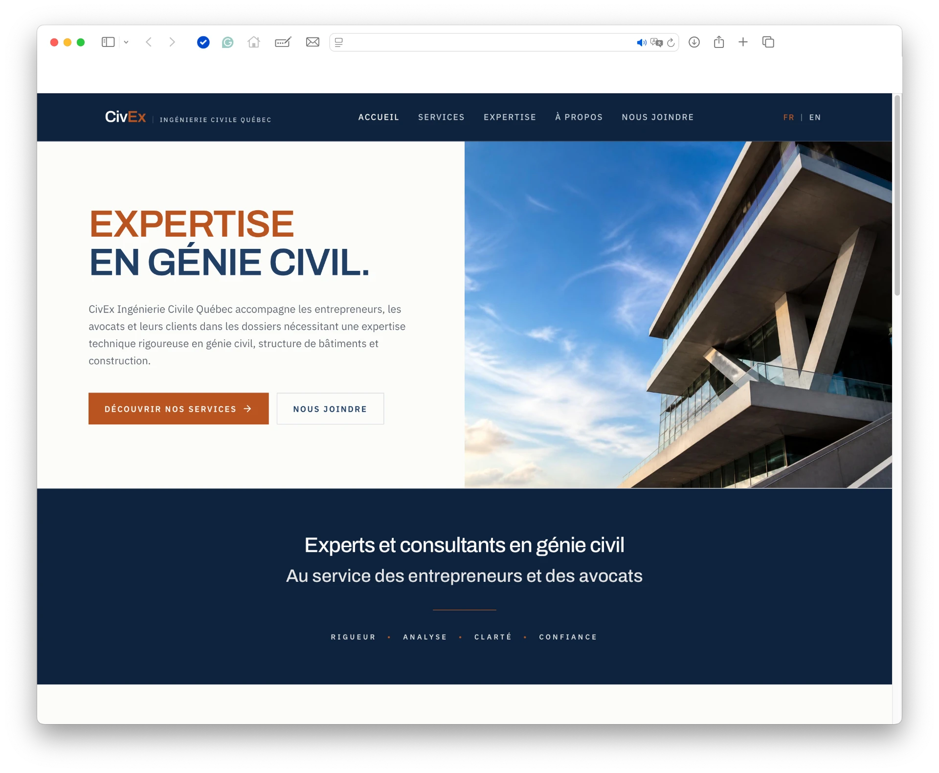 CivEx Québec civil engineering website shown in a browser window