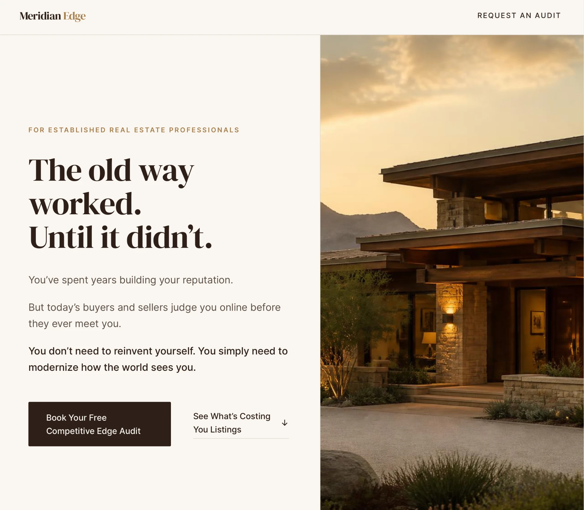 Meridian Edge real estate consultancy website shown in a browser window