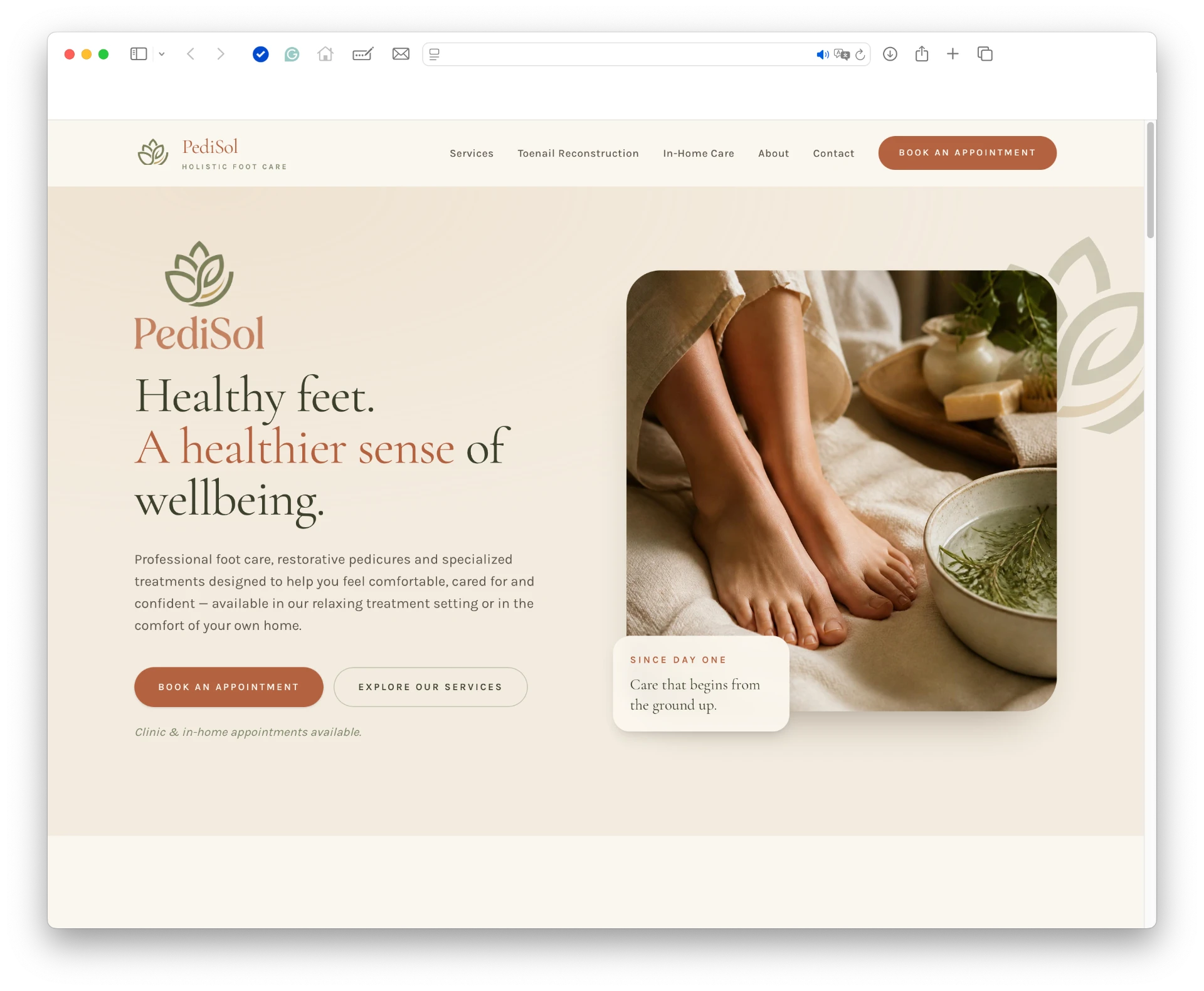 Pedisol holistic foot care website shown in a browser window