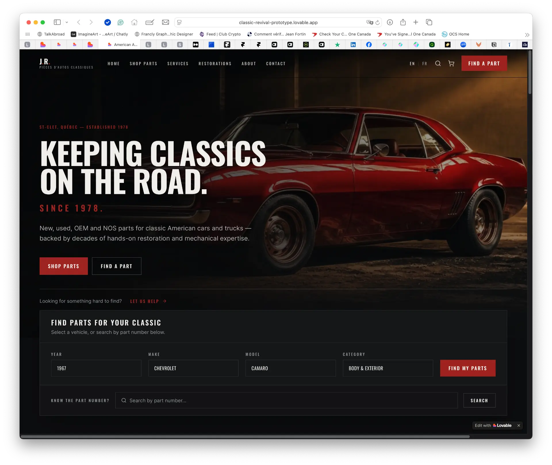 JR Pièces d'Autos Classiques website homepage with a red classic Camaro and a part-finder search tool