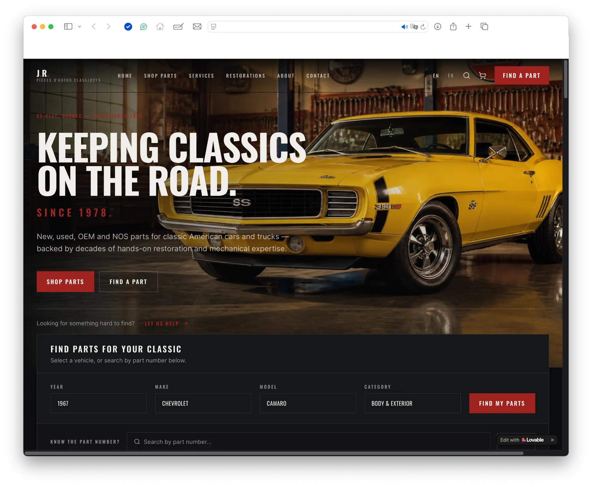 JR Pièces d'Autos Classiques website homepage with a yellow classic Camaro and a part-finder search tool