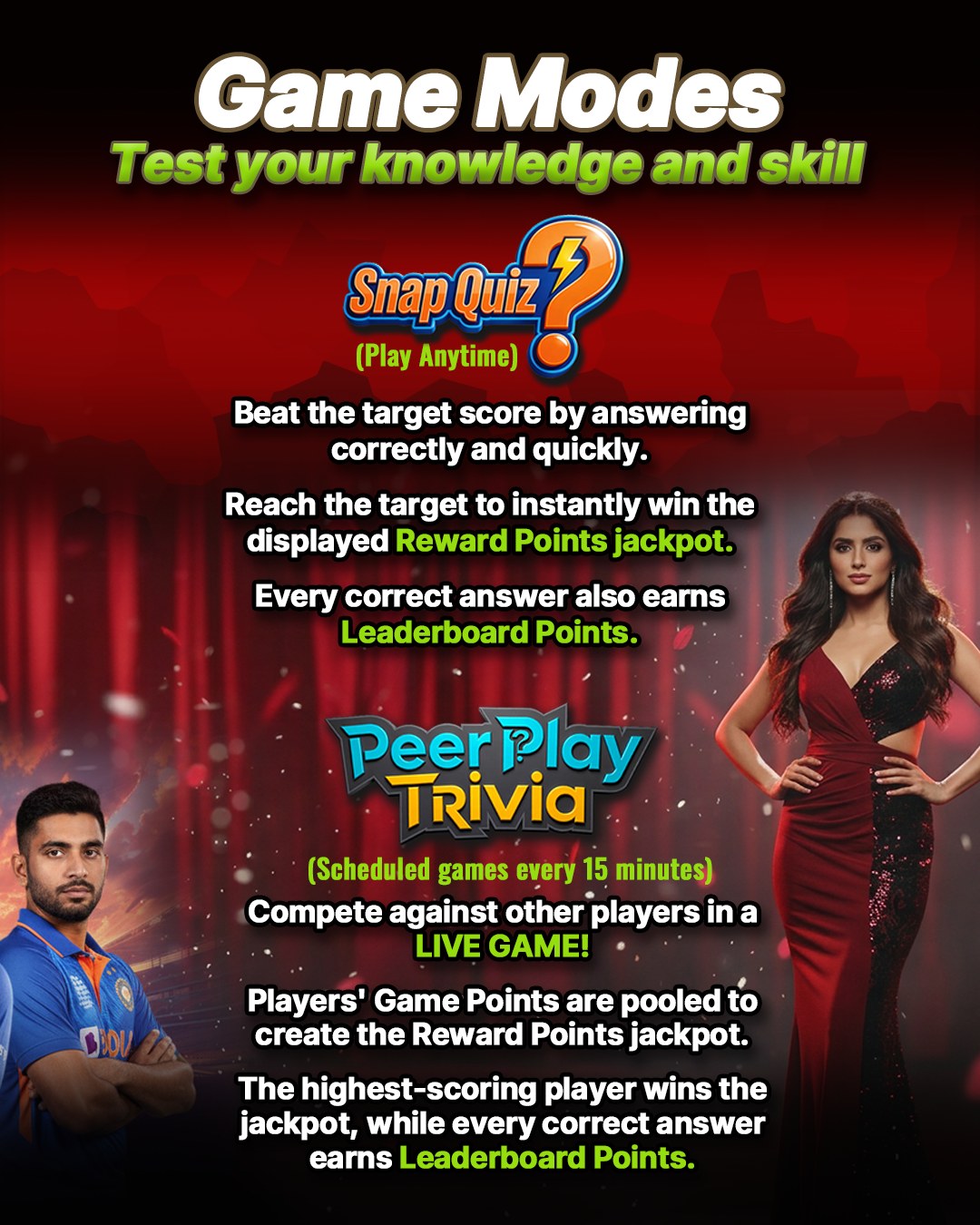QuickWicket game modes graphic explaining Snap Quiz and Peer Play Trivia