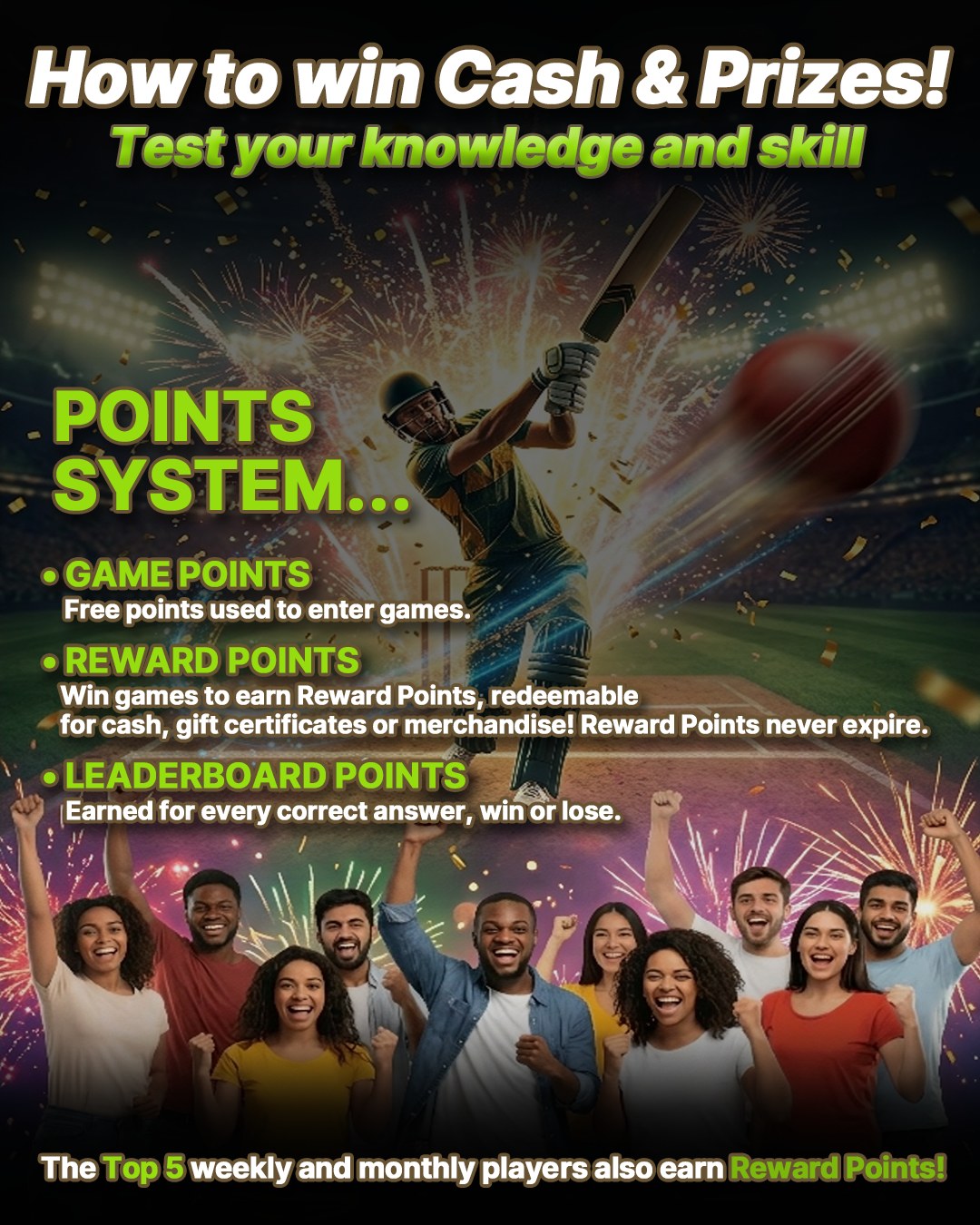 QuickWicket how to win cash and prizes graphic explaining the points system