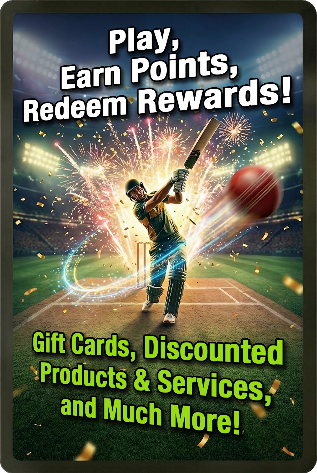 QuickWicket promotional graphic: play, earn points, redeem rewards