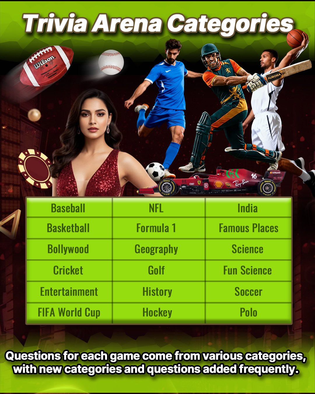 QuickWicket Trivia Arena categories graphic
