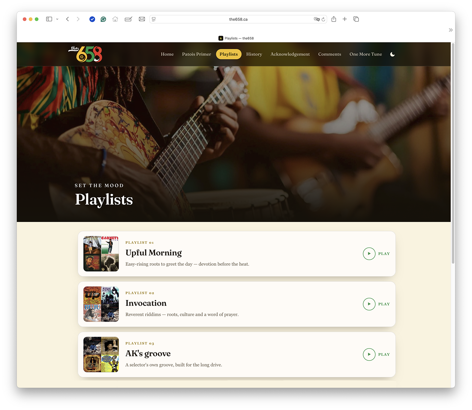 The 658 website playlists page, with a close-up of a man playing an acoustic guitar
