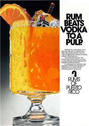 Coloured-pencil recreation of the Rums of Puerto Rico “Rum Beats Vodka to a Pulp” magazine advertisement